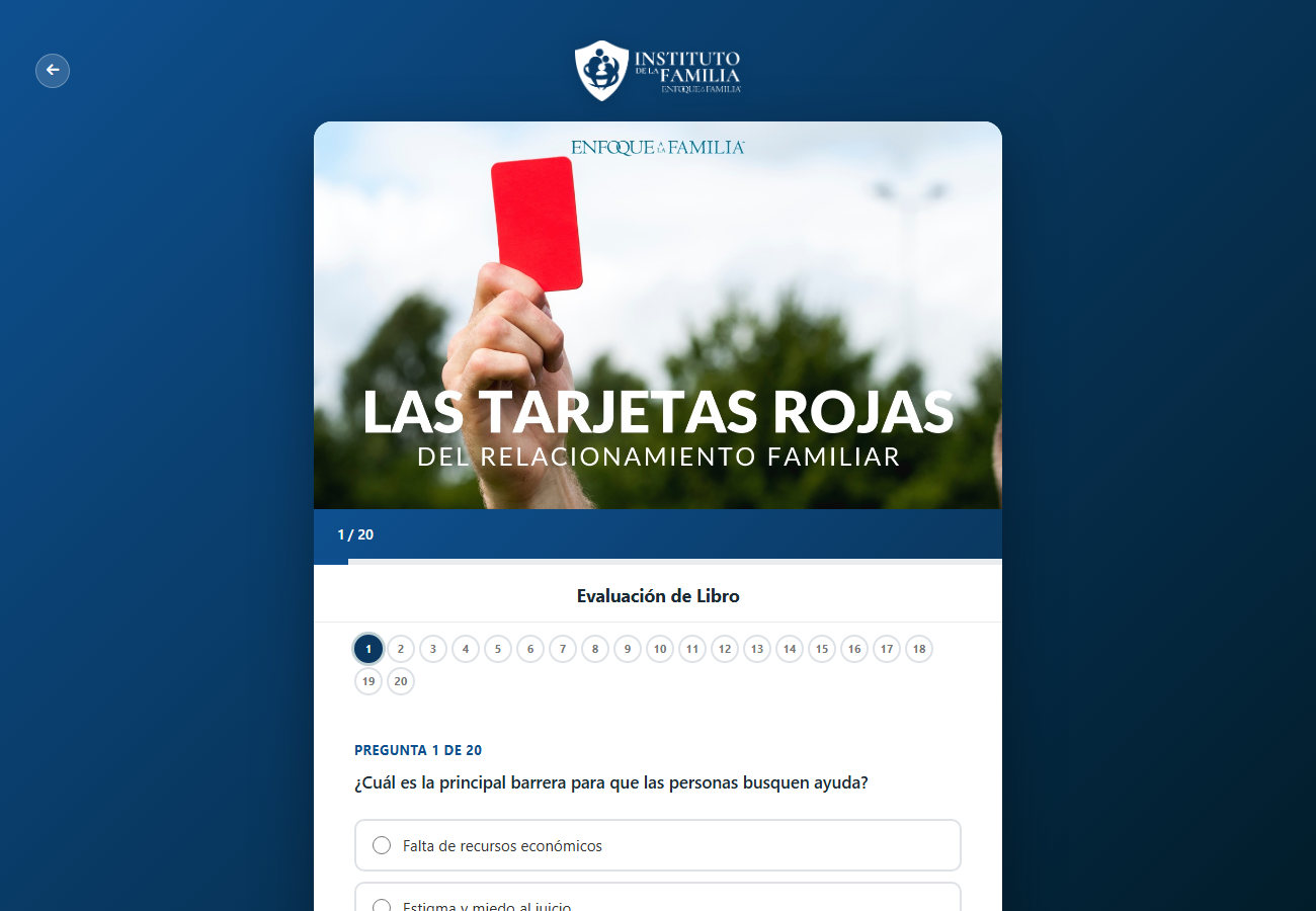 Pantalla de examen en progreso mostrando la pregunta 1 de 20 con opciones de selección