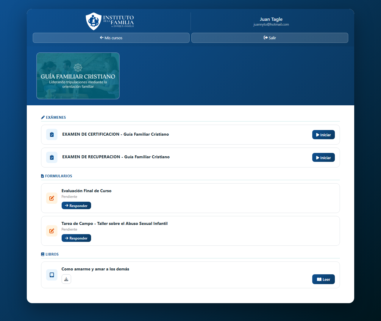 Pantalla de contenido de un curso con exámenes, formularios y libros