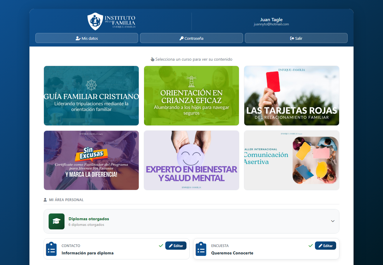 Sección Mi área personal del panel de alumno con la tarjeta Queremos Conocerte